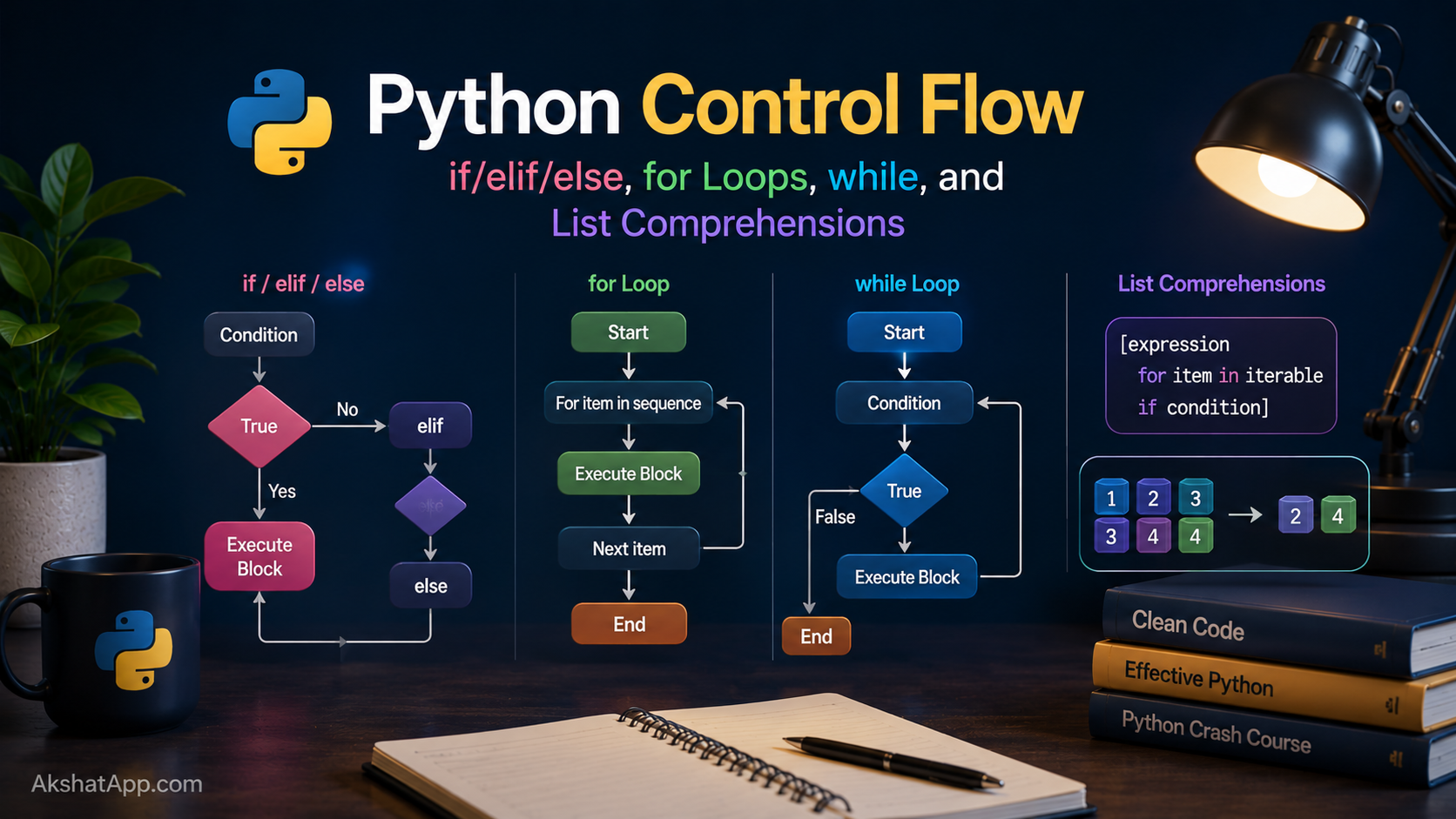 Python Control Flow: if/elif/else, for Loops, while, and List Comprehensions