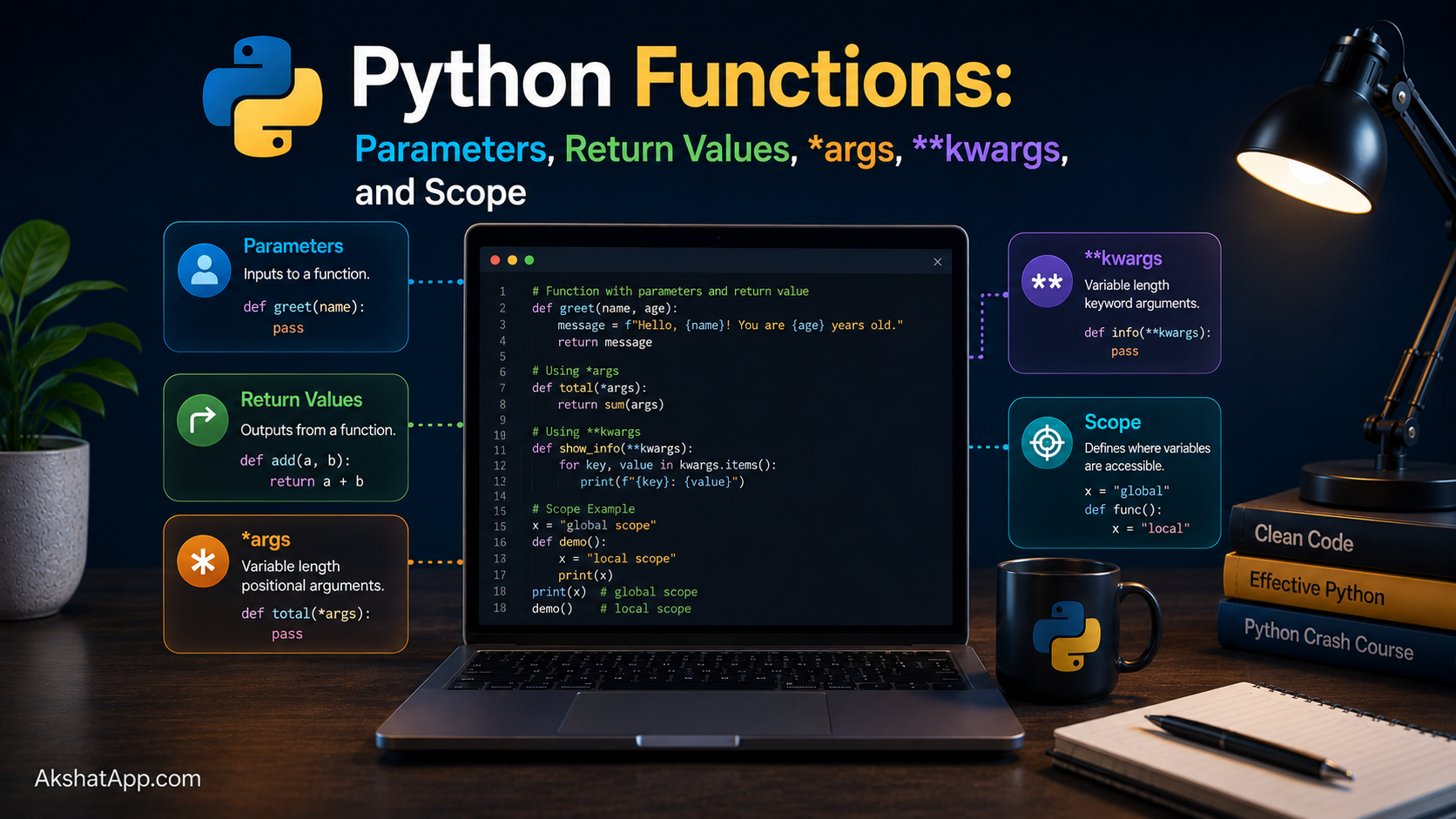 Python Functions: Parameters, Return Values, *args, **kwargs, and Scope