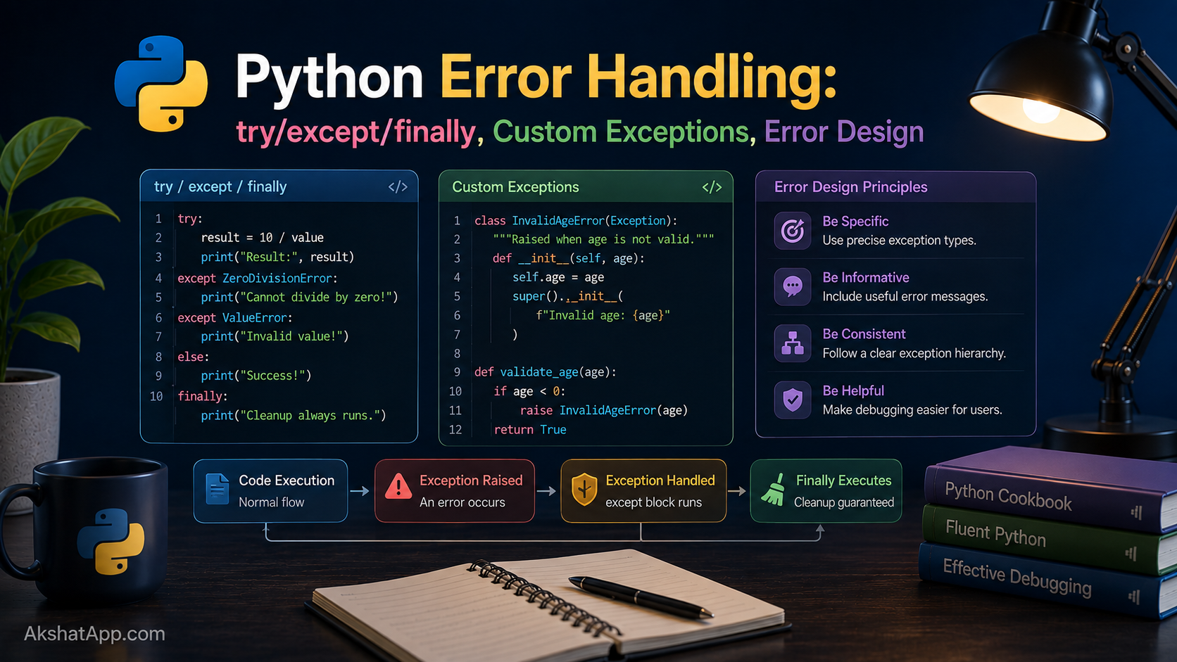 Python Error Handling: try/except/finally, Custom Exceptions, Error Design