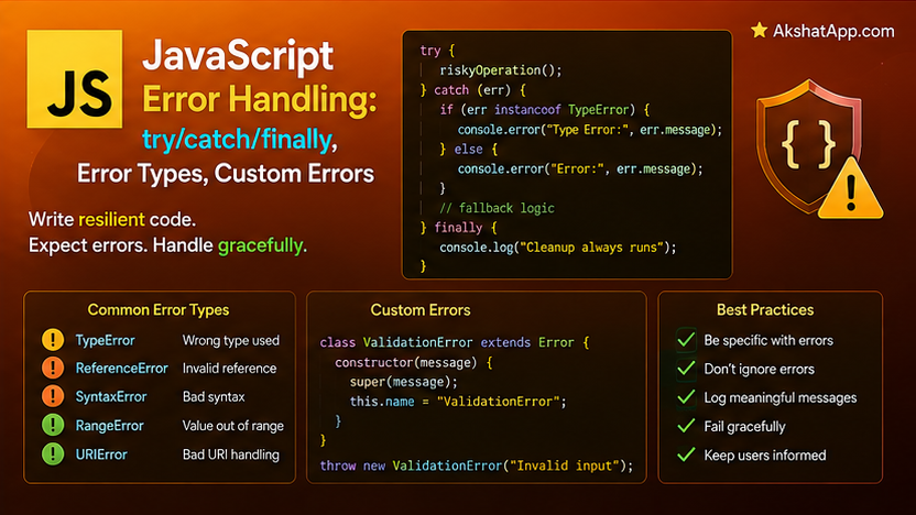 JavaScript Error Handling: try/catch/finally, Error Types, Custom Errors